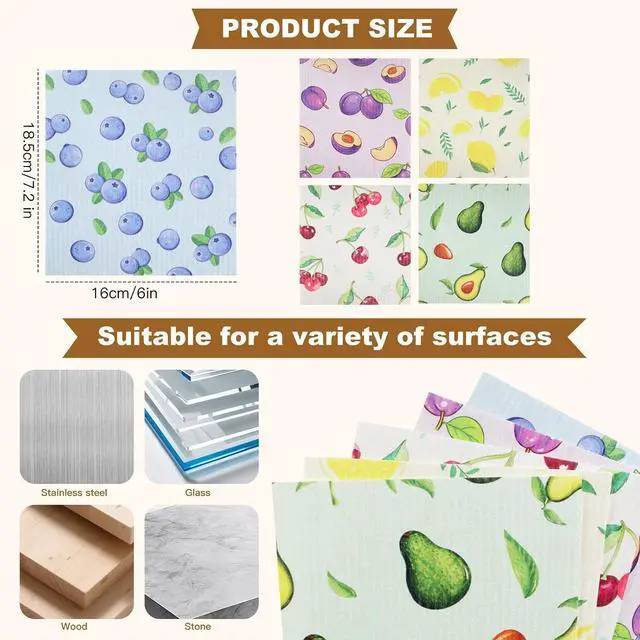 Alt view image 2 of 7 - Ninsula Dish Cloths 5 Pack, Absorbent Cellulose Sponge Dishcloths for Kitchen, No Odor Biodegradable Reusable Kitchen Towels (Watercolor-Style Fruit Patterns)