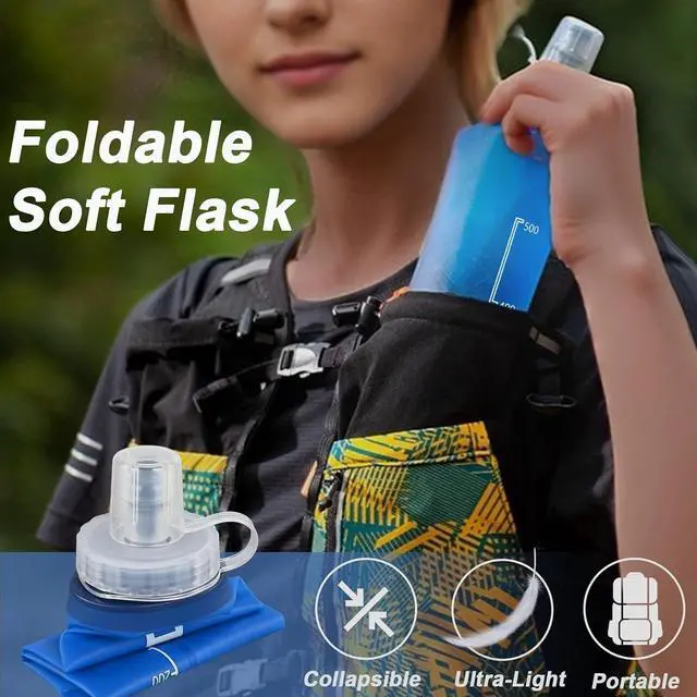 Alt view image 2 of 7 - 2 Pack Collapsible Water Bottle 500ml BPA-Free Foldable Soft Flask for Running, Hiking, Cycling, Jogging, Trail Running, Marathon, Travel, Outdoor Reusable Hydration Bottle for Backpack (500 ml)