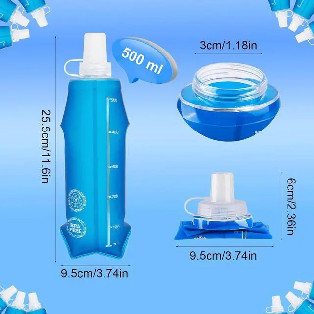 Alt view image 6 of 7 - 2 Pack Collapsible Water Bottle 500ml BPA-Free Foldable Soft Flask for Running, Hiking, Cycling, Jogging, Trail Running, Marathon, Travel, Outdoor Reusable Hydration Bottle for Backpack (500 ml)