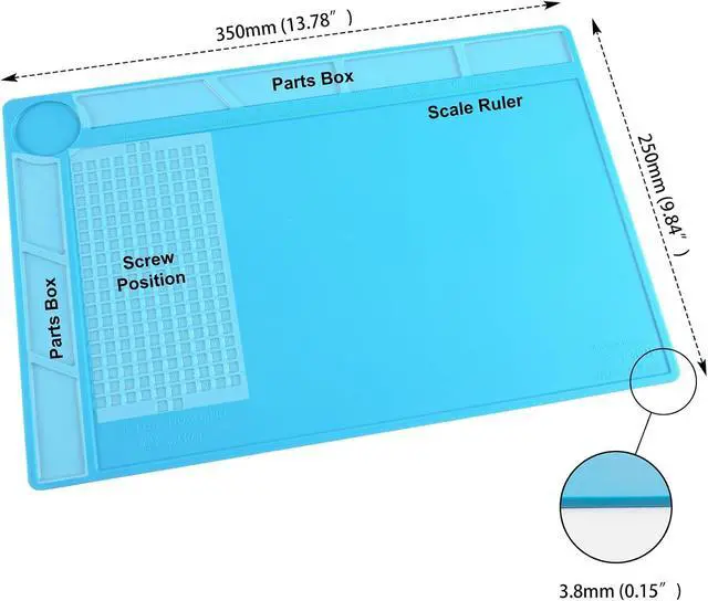 Alt view image 2 of 7 - CPB Silicone Soldering Repair Mat, 13.7" x 9.8" Heat Resistant Work Mat | with Scale Rule and Screw Position for Soldering Iron, Electronics, Computer, Cellphone -Blue