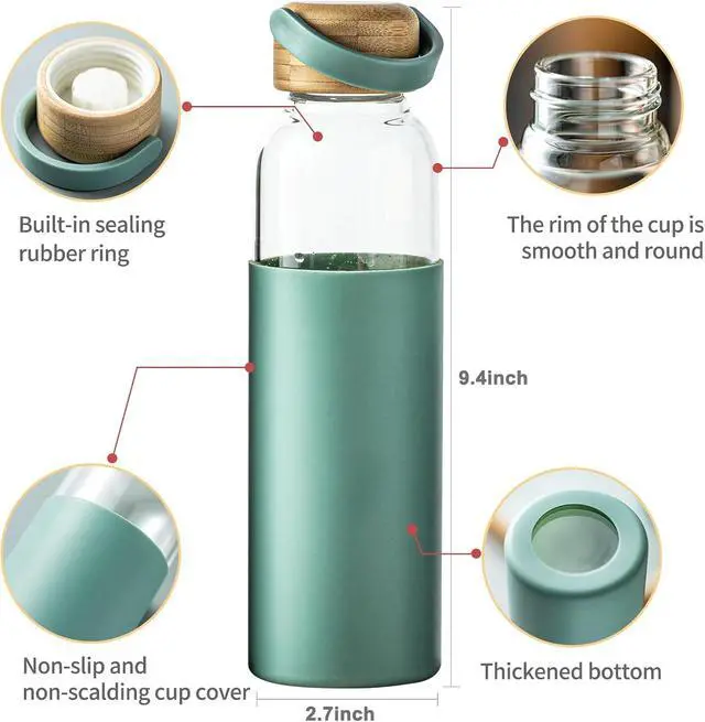 Alt view image 2 of 7 - 21oz Borosilicate Glass Water Bottles with Silicone Non-Slip Sleeve & Leak-Proof Lid-Reusable Drink Bottle for Office,Travel,Gym,Hiking-BPA Free,Ideal Gift for Home,Car &Fitness (Green)
