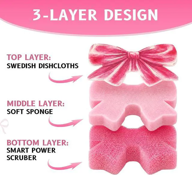 Alt view image 4 of 7 - Bulimumu Pink Bow Kitchen Sponge, 3-Layer German Cellulose & Temperature Sensitive Scrubbie, Swedish Kitchen Dishcloths Material, Faucet Mountable Decorative Dish Scrubber, Coquette Preppy
