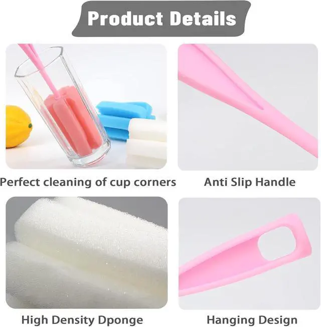 Alt view image 3 of 7 - Bottle Brush Sponge 4PCS Cup Washer Brush Long Handle Cleaner Brush for Baby Bottle Glasswares Mugs Cups Kitchen Clean (4 PCS)