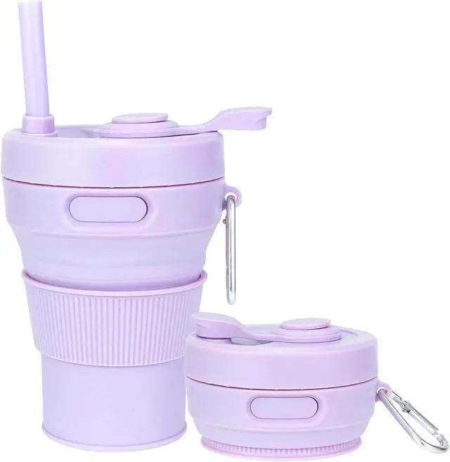 Main image of Silicone Collapsible Travel Mug Purple 15oz / 450ml - Leak-Proof Reusable Silicone Water Bottle for Hot and Cold Beverages - Travel Office and Home - Dishwasher Safe - Straw Included