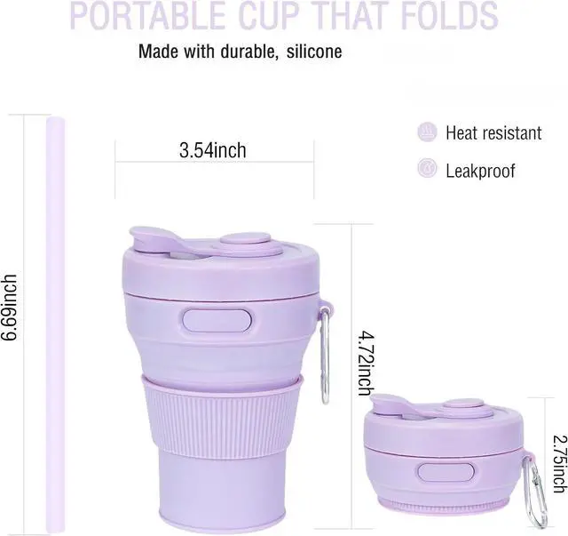 Alt view image 2 of 6 - Silicone Collapsible Travel Mug Purple 15oz / 450ml - Leak-Proof Reusable Silicone Water Bottle for Hot and Cold Beverages - Travel Office and Home - Dishwasher Safe - Straw Included