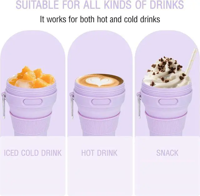Alt view image 3 of 6 - Silicone Collapsible Travel Mug Purple 15oz / 450ml - Leak-Proof Reusable Silicone Water Bottle for Hot and Cold Beverages - Travel Office and Home - Dishwasher Safe - Straw Included