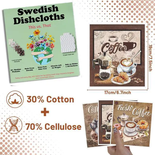 Alt view image 2 of 6 - Reusable Swedish Dishcloths for Kitchen, 6PCS Coffee Theme Cellulose Sponge Paper Towels Washable, Absorbent Fast Drying Swedish Dish Cloth for Home Cleaning