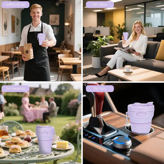 Alt view image 6 of 6 - Silicone Collapsible Travel Mug Purple 15oz / 450ml - Leak-Proof Reusable Silicone Water Bottle for Hot and Cold Beverages - Travel Office and Home - Dishwasher Safe - Straw Included