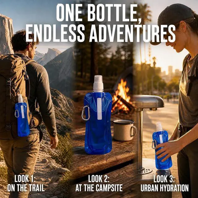 Alt view image 5 of 7 - 4 Pack Collapsible Water Bottles for Travel 16oz Foldable Water Bottle with Carabiner,Leakproof Lid, 480ML Portable Reusable BPA-Free Water Bottle for Hiking,Sports,Camping,Biking
