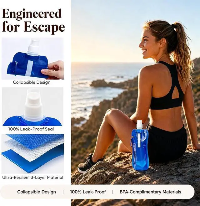Alt view image 4 of 7 - 4 Pack Collapsible Water Bottles for Travel 16oz Foldable Water Bottle with Carabiner,Leakproof Lid, 480ML Portable Reusable BPA-Free Water Bottle for Hiking,Sports,Camping,Biking