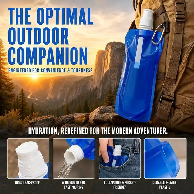 Alt view image 6 of 7 - 4 Pack Collapsible Water Bottles for Travel 16oz Foldable Water Bottle with Carabiner,Leakproof Lid, 480ML Portable Reusable BPA-Free Water Bottle for Hiking,Sports,Camping,Biking