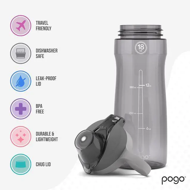 Alt view image 3 of 7 - Pogo BPA-Free Tritan Plastic Water Bottle with Chug Lid, 18 Oz, Grey | Leakproof water bottle with chug lid and carry handle. BPA-free, great for travel, school, outdoors, and gym.