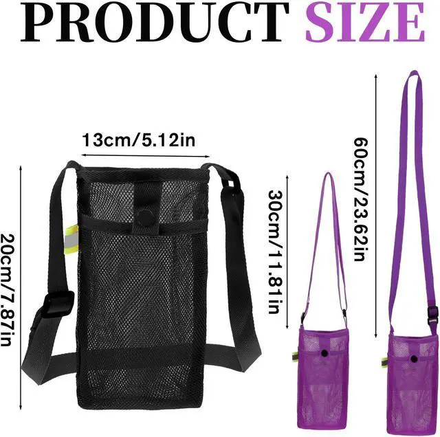 Alt view image 2 of 7 - 2 PCS Mesh Water Bottle Carrier with Adjustable Shoulder, Water Bottle Holder with Strap, Light Bottles Sling Bag for Hiking, Walking, Camping, Travel (Purple, Black)