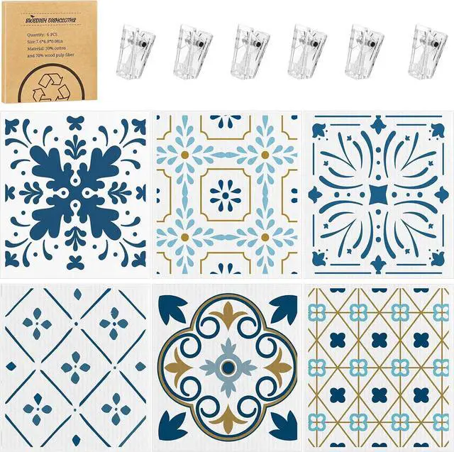 Main image of 6 Pack Swedish Dishcloths for Kitchen,Swedish Rags Dish Towels with Clips | Reusable Paper Towels Washable Absorbent Cellulose Sponge Cloths for Countertop Dishes Sink Kitchen