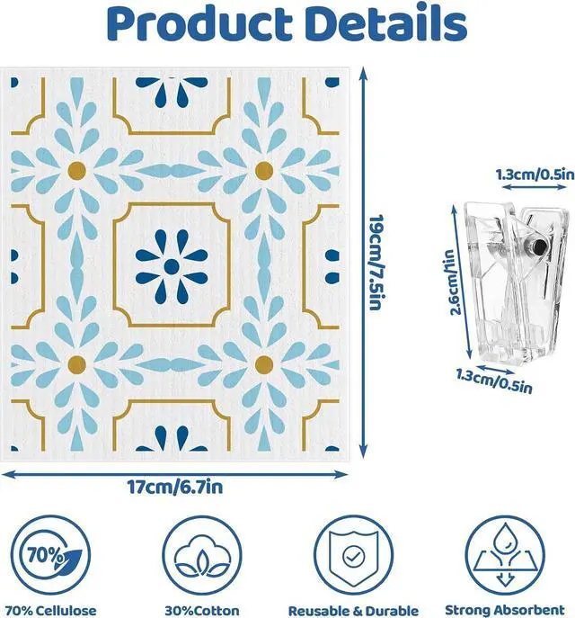 Alt view image 2 of 7 - 6 Pack Swedish Dishcloths for Kitchen,Swedish Rags Dish Towels with Clips | Reusable Paper Towels Washable Absorbent Cellulose Sponge Cloths for Countertop Dishes Sink Kitchen