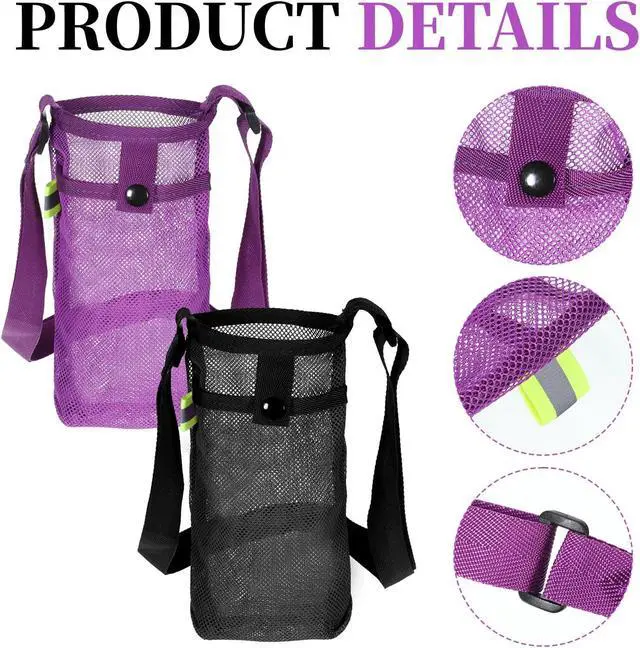 Alt view image 3 of 7 - 2 PCS Mesh Water Bottle Carrier with Adjustable Shoulder, Water Bottle Holder with Strap, Light Bottles Sling Bag for Hiking, Walking, Camping, Travel (Purple, Black)