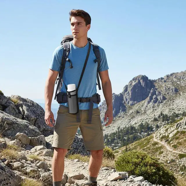 Alt view image 4 of 7 - 2 PCS Mesh Water Bottle Carrier with Adjustable Shoulder, Water Bottle Holder with Strap, Light Bottles Sling Bag for Hiking, Walking, Camping, Travel (Purple, Black)