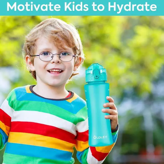 Alt view image 6 of 7 - OLDLEY Kids Water Bottle with Straw for School Girls Boys, 15 oz Unbreakable Leak-Proof BPA-Free Motivational Water Bottles with Times to Drink for Travel Sports Gym, 1 Straw Lid, Mint