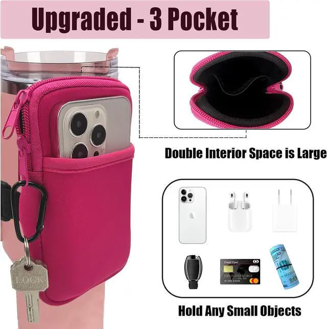 Alt view image 2 of 5 - LMYUHONG Water Bottle Pouch For Stanley cup accessories 40oz 20oz 30oz,tumbler pouch with Versatile Pocket, for Cards, Keys,Earphone. Fits for Phones, Use for Running, Walking, Hiking,Biking,DeepPink