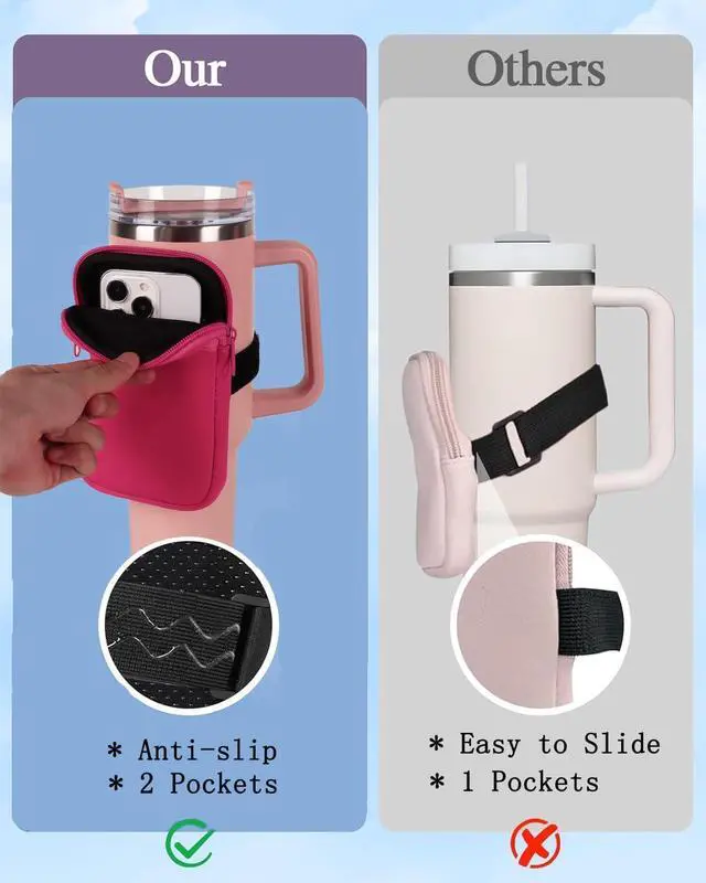 Alt view image 4 of 5 - LMYUHONG Water Bottle Pouch For Stanley cup accessories 40oz 20oz 30oz,tumbler pouch with Versatile Pocket, for Cards, Keys,Earphone. Fits for Phones, Use for Running, Walking, Hiking,Biking,DeepPink