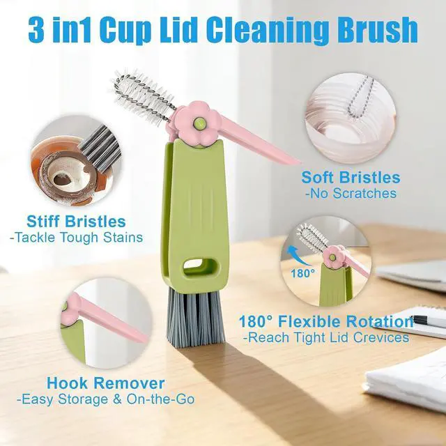 Alt view image 3 of 7 - 3-in-1 Lid Cleaning Brush Set, Multifunctional Bottle Cleaning Brush | Reusable Metal Straw Cleaner Brush, Multifunctional Cleaning Kit for Various Cup Lids