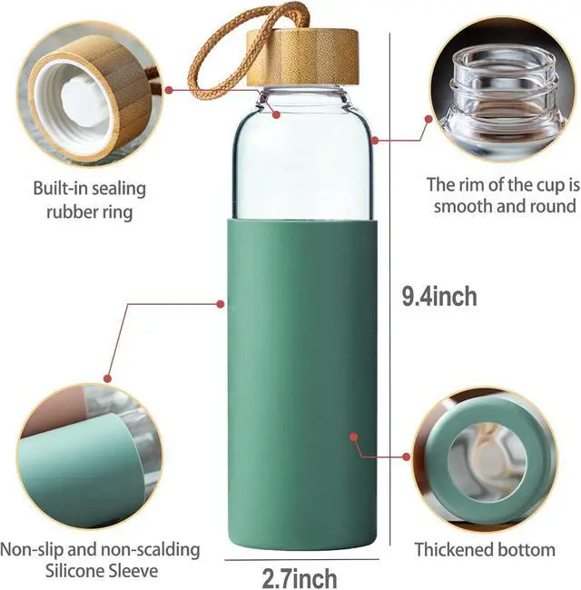 Alt view image 2 of 7 - 21oz Glass Water Bottle with Silicone Sleeve & Bamboo Lid, BPA Free Reusable Water Bottle Glass for Gym Office Travel, Gift for Fitness Enthusiasts (Green)