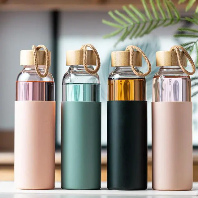 Alt view image 3 of 7 - 21oz Glass Water Bottle with Silicone Sleeve & Bamboo Lid, BPA Free Reusable Water Bottle Glass for Gym Office Travel, Gift for Fitness Enthusiasts (Green)