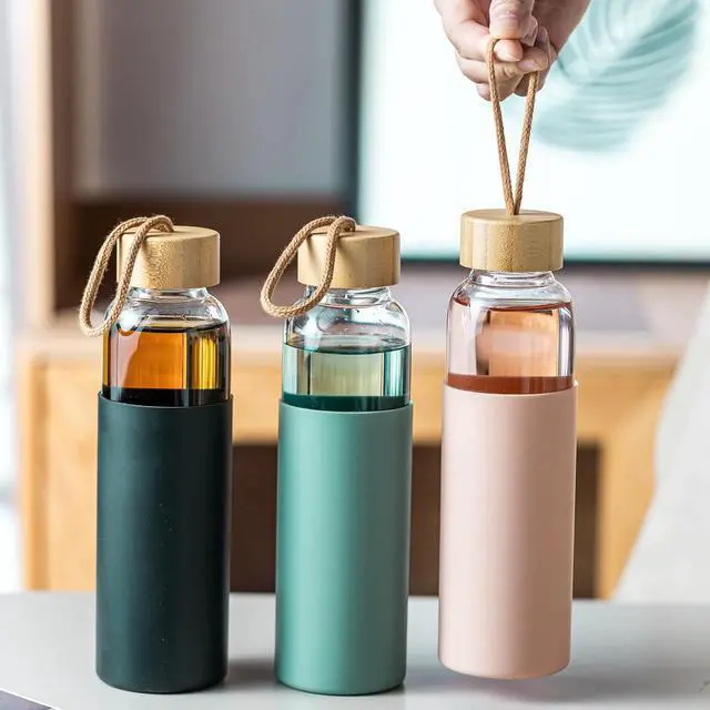 Alt view image 4 of 7 - 21oz Glass Water Bottle with Silicone Sleeve & Bamboo Lid, BPA Free Reusable Water Bottle Glass for Gym Office Travel, Gift for Fitness Enthusiasts (Green)