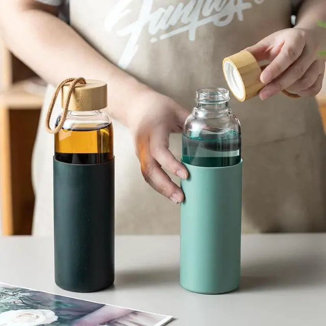 Alt view image 5 of 7 - 21oz Glass Water Bottle with Silicone Sleeve & Bamboo Lid, BPA Free Reusable Water Bottle Glass for Gym Office Travel, Gift for Fitness Enthusiasts (Green)