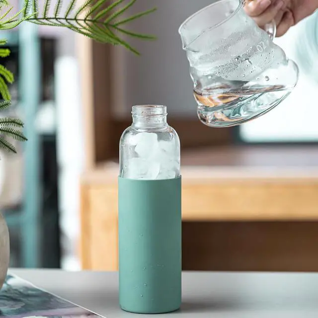 Alt view image 6 of 7 - 21oz Glass Water Bottle with Silicone Sleeve & Bamboo Lid, BPA Free Reusable Water Bottle Glass for Gym Office Travel, Gift for Fitness Enthusiasts (Green)