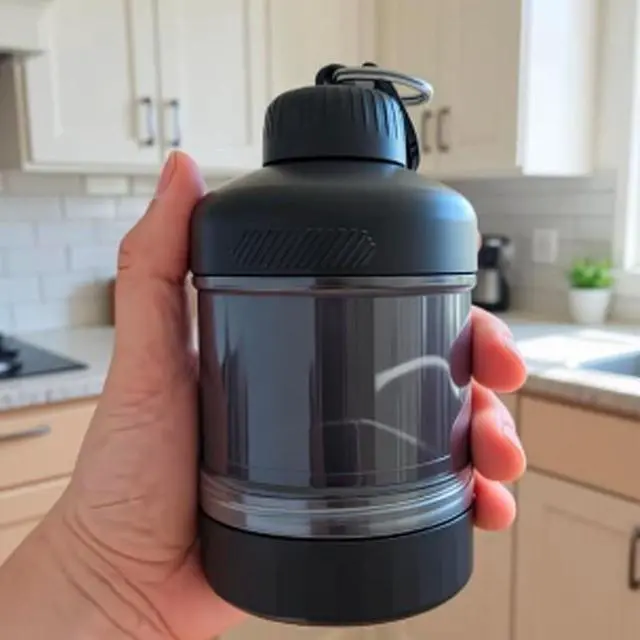 Alt view image 2 of 7 - Portable Protein Powder Travel Container, Two-Layer Design Powder Holder | With Carabiner & Keyring, Can Hold 50 Grams of Powder and Some Vitamins or Supplements, For Workouts, Fitness and Traveling