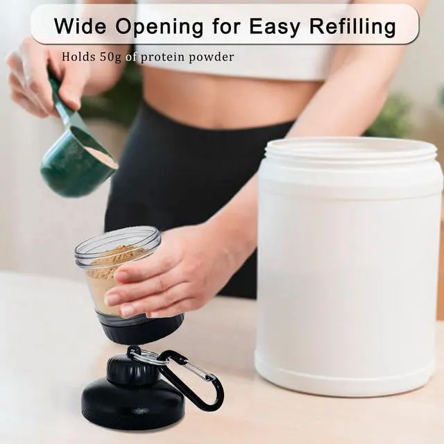 Alt view image 3 of 7 - Portable Protein Powder Travel Container, Two-Layer Design Powder Holder | With Carabiner & Keyring, Can Hold 50 Grams of Powder and Some Vitamins or Supplements, For Workouts, Fitness and Traveling