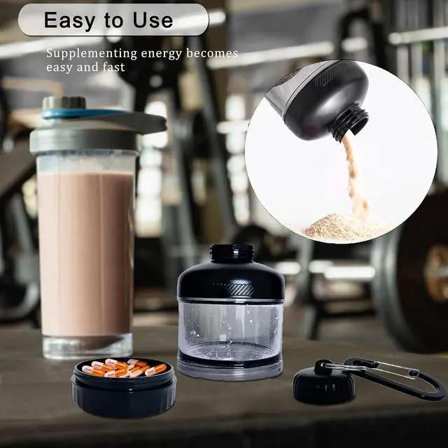 Alt view image 7 of 7 - Portable Protein Powder Travel Container, Two-Layer Design Powder Holder | With Carabiner & Keyring, Can Hold 50 Grams of Powder and Some Vitamins or Supplements, For Workouts, Fitness and Traveling