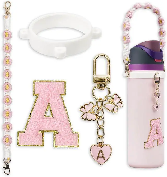 Main image of Compatible with Owala Water Bottle Accessories, Cute Letter Charm Set with Boho Handle Strap, Monogram Sticker, Silicone Ring, Keychain Decoration, for FreeSip 24 32 40oz, Owala Kids, Tumbler Gift