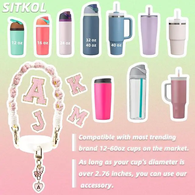 Alt view image 2 of 6 - Compatible with Owala Water Bottle Accessories, Cute Letter Charm Set with Boho Handle Strap, Monogram Sticker, Silicone Ring, Keychain Decoration, for FreeSip 24 32 40oz, Owala Kids, Tumbler Gift