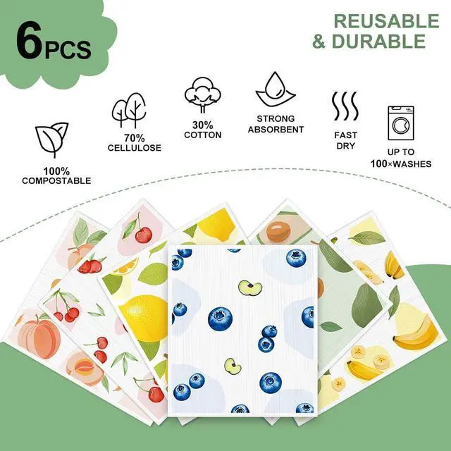 Alt view image 3 of 7 - Swedish Dishcloths for Kitchen, 6 Pack, Reusable, Super Absorbent | Washable & Dishwasher Safe Paper Towels, Non-Scratch Cellulose Cloths for Washing Dishes, Hostess Gifts, Biodegradable