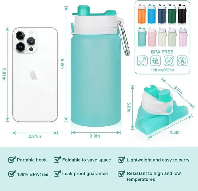 Alt view image 4 of 7 - PLTCAT Collapsible Water Bottles, 19oz Foldable Silicone Travel Bottles | BPA-Free Silicone, Leak-Proof Lids, Dishwasher Safe, Carabiner Clips, Compact Roll-Up Design