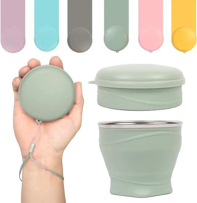 Main image of Collapsible Cup with Lid - 6oz Mini Silicone Folding Travel Cup with Steel Rim - BPA Free Small Portable Pocket Cup for Camping, Hiking, Kids, Mouthwash & Pills (Lake Green)