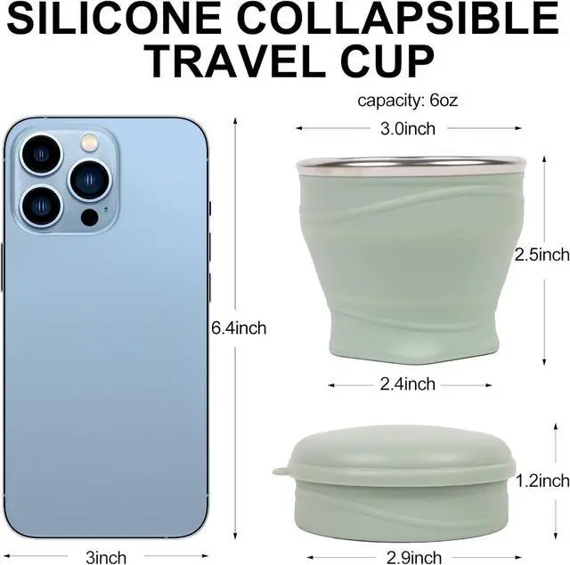 Alt view image 3 of 7 - Collapsible Cup with Lid - 6oz Mini Silicone Folding Travel Cup with Steel Rim - BPA Free Small Portable Pocket Cup for Camping, Hiking, Kids, Mouthwash & Pills (Lake Green)