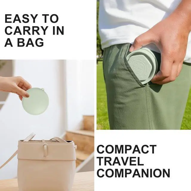 Alt view image 6 of 7 - Collapsible Cup with Lid - 6oz Mini Silicone Folding Travel Cup with Steel Rim - BPA Free Small Portable Pocket Cup for Camping, Hiking, Kids, Mouthwash & Pills (Lake Green)