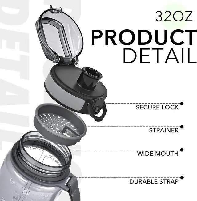 Alt view image 3 of 7 - 32oz Water Bottle with Time Marker, Motivational Drinking Bottle with Strap, BPA-Free Leak-Proof, Encouraging Water Bottle Time to Drink Water for Gym School Office Travel