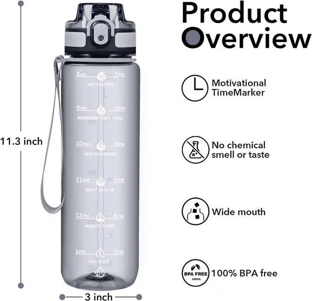 Alt view image 2 of 7 - 32oz Water Bottle with Time Marker, Motivational Drinking Bottle with Strap, BPA-Free Leak-Proof, Encouraging Water Bottle Time to Drink Water for Gym School Office Travel