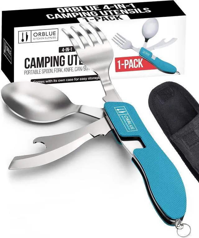 Main image of Orblue 4-in-1 Camping Utensils, 1-Pack, Portable Stainless Steel Spoon, Fork, Knife & Bottle Opener Combo Set - Travel, Backpacking Cutlery Multitool, Blue