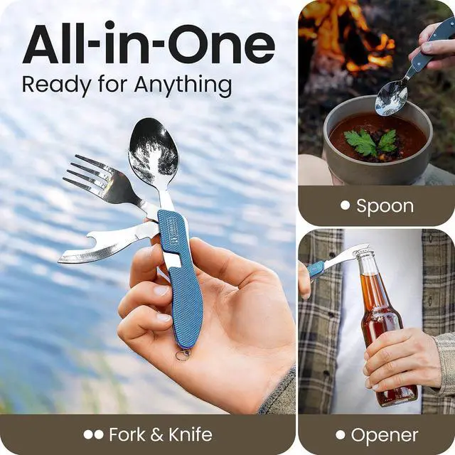 Alt view image 2 of 7 - Orblue 4-in-1 Camping Utensils, 1-Pack, Portable Stainless Steel Spoon, Fork, Knife & Bottle Opener Combo Set - Travel, Backpacking Cutlery Multitool, Blue