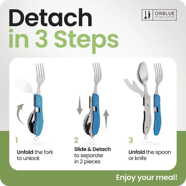 Alt view image 3 of 7 - Orblue 4-in-1 Camping Utensils, 1-Pack, Portable Stainless Steel Spoon, Fork, Knife & Bottle Opener Combo Set - Travel, Backpacking Cutlery Multitool, Blue
