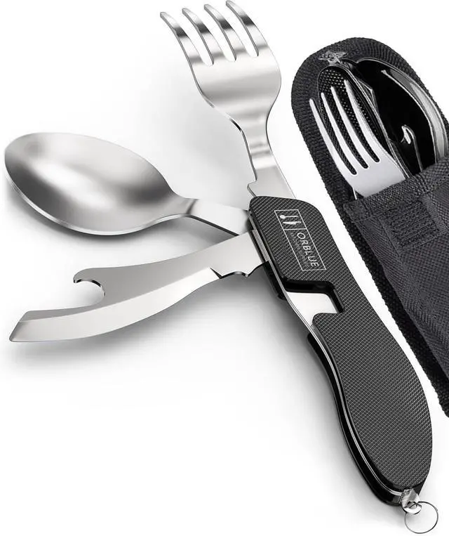 Main image of Orblue 4-in-1 Camping Eating Utensils, 2-Pack - Portable Spoon, Fork, Knife & Bottle Opener Combo Set - Stainless Steel Flatware with Detachable Fork - Travel, Backpacking Cutlery Multitool, Black
