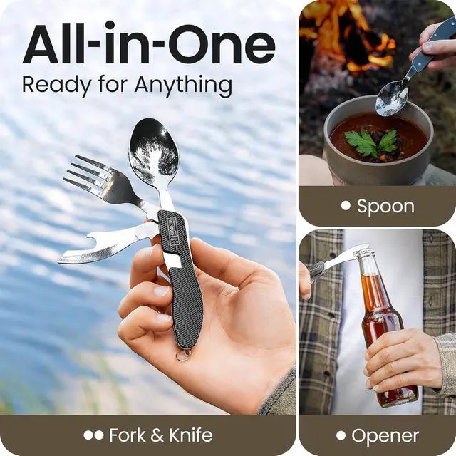 Alt view image 2 of 7 - Orblue 4-in-1 Camping Eating Utensils, 2-Pack - Portable Spoon, Fork, Knife & Bottle Opener Combo Set - Stainless Steel Flatware with Detachable Fork - Travel, Backpacking Cutlery Multitool, Black
