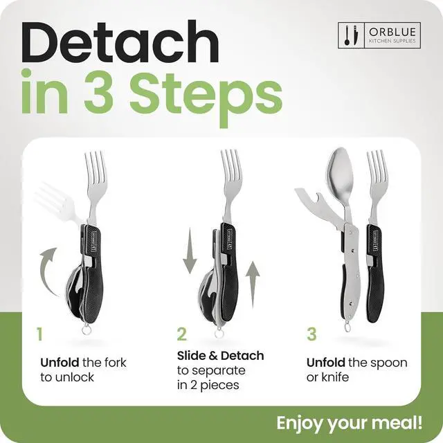 Alt view image 3 of 7 - Orblue 4-in-1 Camping Eating Utensils, 2-Pack - Portable Spoon, Fork, Knife & Bottle Opener Combo Set - Stainless Steel Flatware with Detachable Fork - Travel, Backpacking Cutlery Multitool, Black