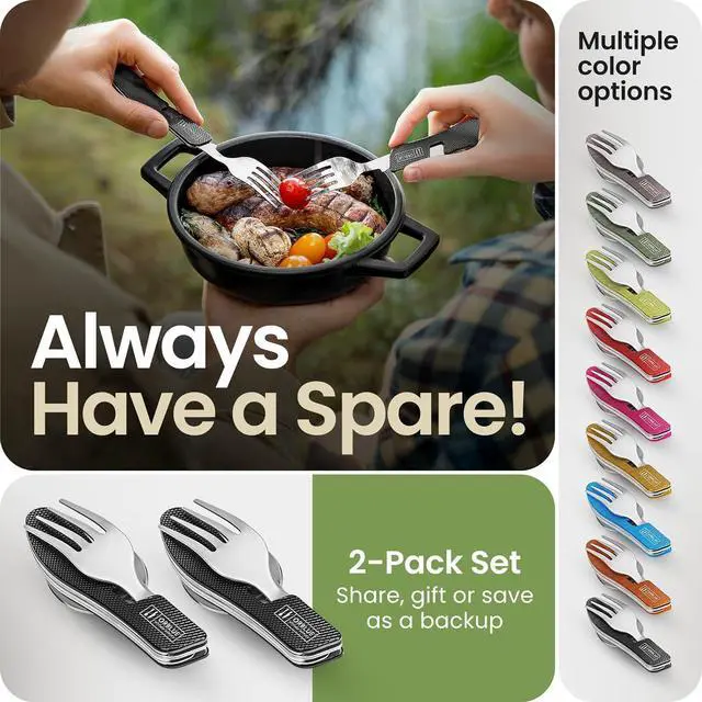Alt view image 6 of 7 - Orblue 4-in-1 Camping Eating Utensils, 2-Pack - Portable Spoon, Fork, Knife & Bottle Opener Combo Set - Stainless Steel Flatware with Detachable Fork - Travel, Backpacking Cutlery Multitool, Black