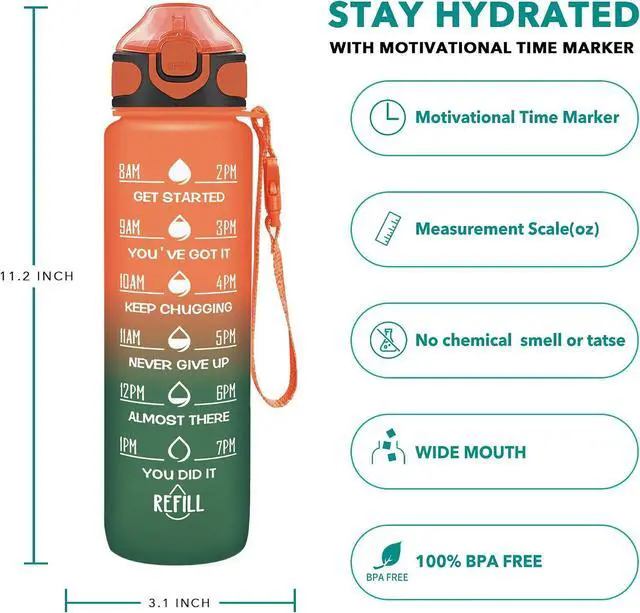Alt view image 2 of 6 - Enerbone 32 oz Drinking Water Bottle with Times to Drink and Straw, Motivational with Carrying Strap, Leakproof BPA & Toxic Free, Ensure You Drink Enough Water for Fitness Gym Outdoor